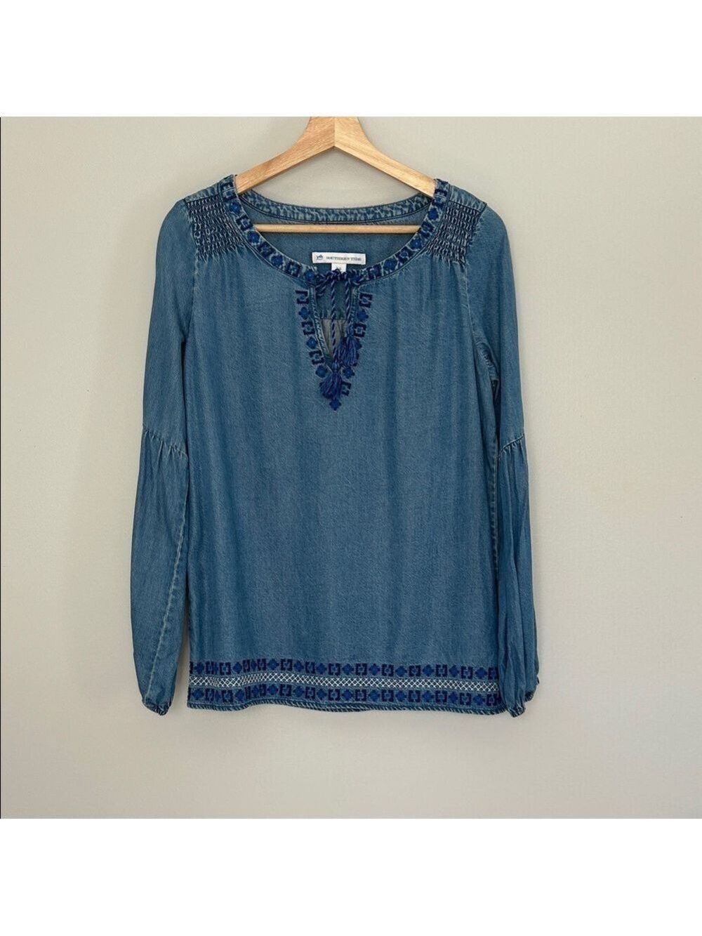 Southern Tide Denim Blue Blouse with Embroidery/Tassel Tie
